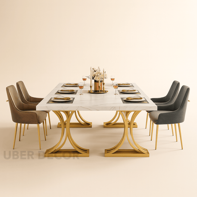 Elysian Grace Modern White Marble Dining Table Set with Gold Stainless Steel Base for Formal Dining Room