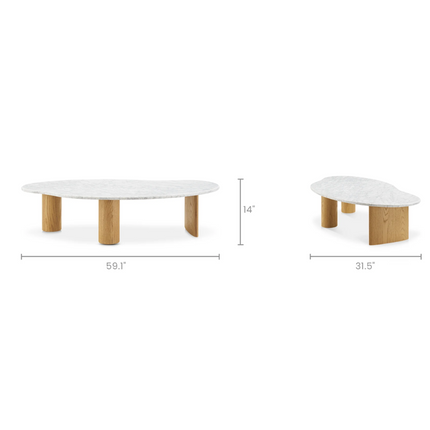 Tangon Functional Mid Century Modern Japandi Coffee Table Scandinavian Organic Freeform Marble Top Wooden Block Legs Center Table for Living Room