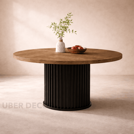 Ravon Dining Table Fluted Pedestal Design Mid Century Modern Contemporary Inspired Solid Wood Top Dining Table for Dining Room