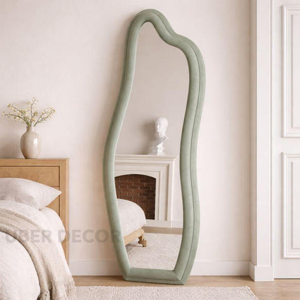 Whimsical Wave Upholstered Full Length Bedroom Mirror- Modern Wavy Irregular Arched Mirror