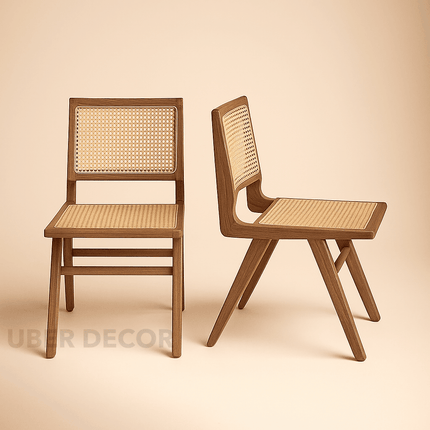 Rayan Mid Century Dining Chair Set of 2 Custom Made Handwoven Cane Design Ideal for Dining Room Living Area - Uber Decor