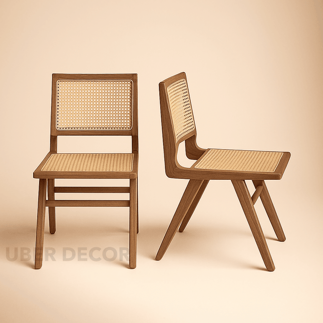 Rayan Mid Century Dining Chair Set of 2 Custom Made Handwoven Cane Design Ideal for Dining Room Living Area - Uber Decor