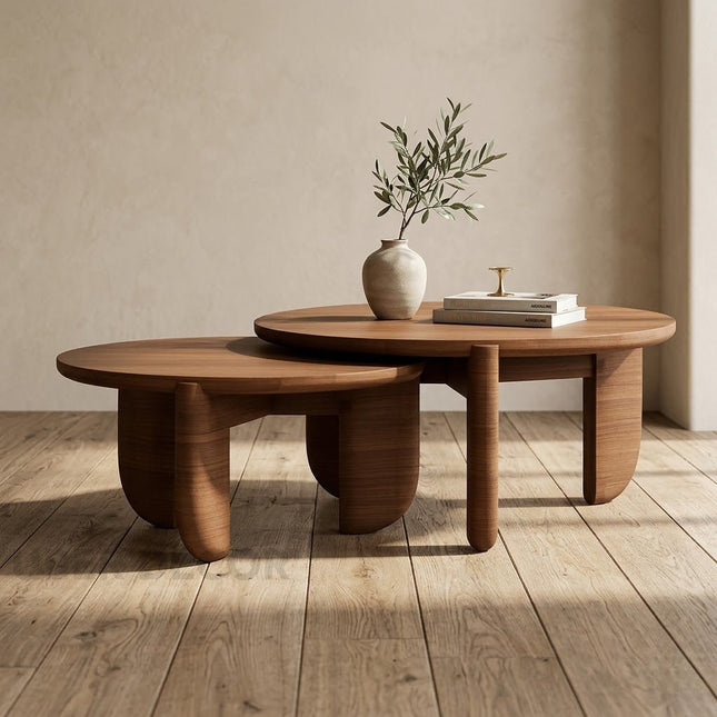 Ob Wabi-Sabi Sculptural Mid-Century Japandi Coffee Table – Organic Round Solid Wood Top Cylindrical Legs for Living Room