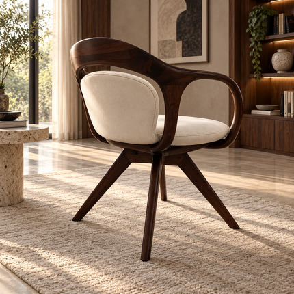 Calen Modern Teak Wood Swivel Armchair with Curved Back and Padded Seat for Dining Room