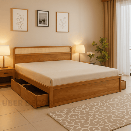 TeakCrest Modern Rattan Storage Platform Customisable Bed for Guest Rooms