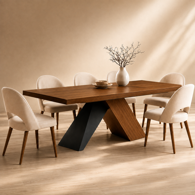 Marvello Solid Wood Dining Table Modern Contemporary Design with Sculptural Wooden Base for Formal Dining Room
