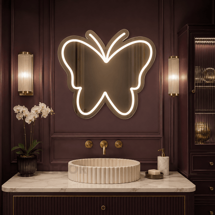 Delphine Butterfly Frameless Wall Hanging LED Mirror – Front Lit or Back Lit Statement Mirror for Bathroom & Vanity