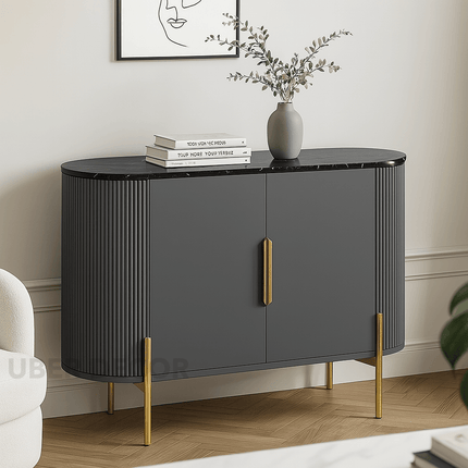 Aria Elegance Side or Console Table – Custom Black or White Marble Top with Fluted White Cabinet Mid‑Century Glam Accent