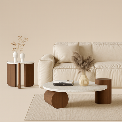 Chenab River Round Coffee Table, Mid Century Modern Minimalist Stone and Wood Center Table for Living Room