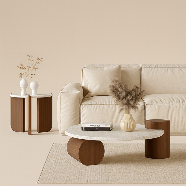 Chenab River Round Coffee Table, Mid Century Modern Minimalist Stone and Wood Center Table for Living Room
