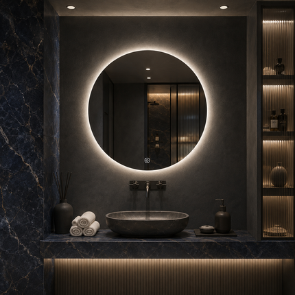Lunara round led designer mirror- 3-colour touch button front or back lit frameless bathroom vanity mirror