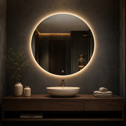 Sunburst Round Frameless Front or Backlit LED Mirror- Touch Sensor Mirror for Bathroom and Bedroom