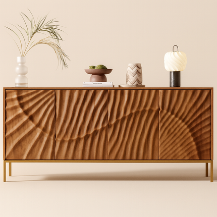 Riva Wave Mid Century Modern Solid Wood Cabinet Ideal for Living Room, Dining Room & Entryway