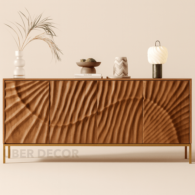 Riva Wave Mid Century Modern Solid Wood Cabinet Ideal for Living Room, Dining Room & Entryway