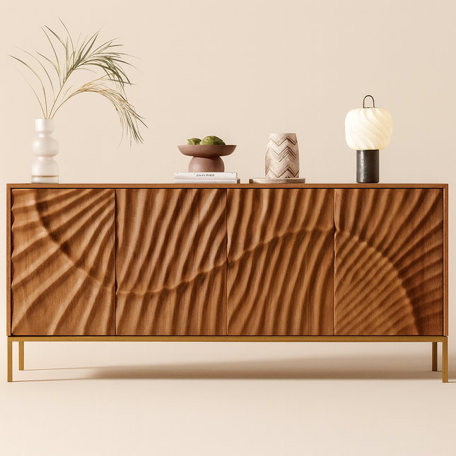 Riva Wave Mid Century Modern Solid Wood Cabinet Ideal for Living Room, Dining Room & Entryway