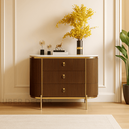 Nexa Vault Entryway Table – Custom Marble Top with Fluted Panel Design & Storage Drawers Mid‑Century Modern Accent