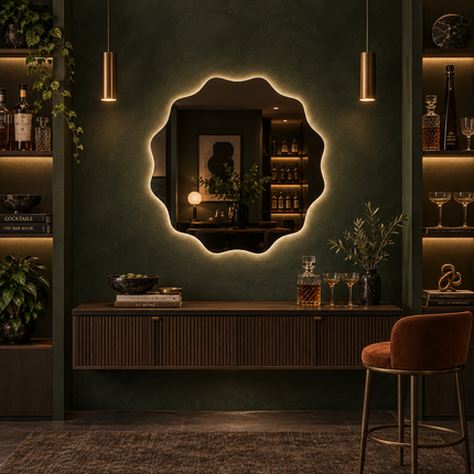 Marigold Wavy Frameless LED Wall Mirror with Front or Back Lit for Bathroom Vanity and Modern Interiors