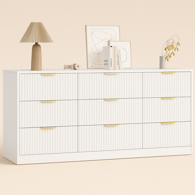 Arden White Fluted 9-Drawer Modern Japandi Solid Wood Cabinet with Brass Handles & Custom Finish for Bedroom, Living Room & Entryway