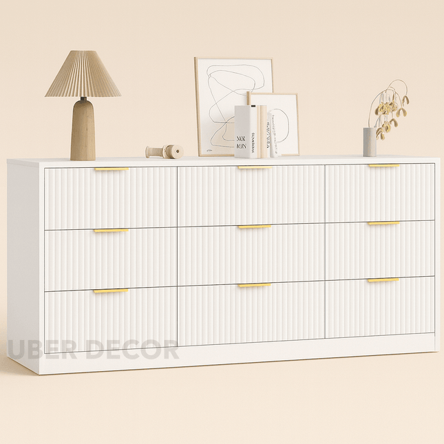 Arden White Fluted 9-Drawer Modern Japandi Solid Wood Cabinet with Brass Handles & Custom Finish for Bedroom, Living Room & Entryway - Uber Decor