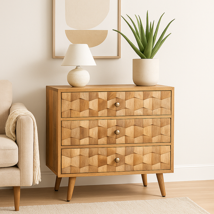 Hexa Form Mid Century Modern Solid Wood Chest of Drawers Geometric 3D Carved Fronts Ideal for Bedroom, Living Room & Entryway