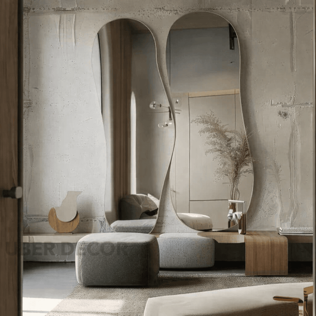 Elixor Frameless HD Mirror Set of 2 - Asymmetrical Wall Mirror Sculptural Modern Design Custom Home Decor Gift