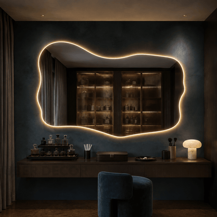 Elio Frameless LED Vanity Mirror with Wide Wavy Design Available in Front or Back Lit for Modern Interiors