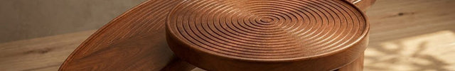 Logone solid wood tiered coffee table with circular carved top mid century Japandi design for drawing room and sitting area