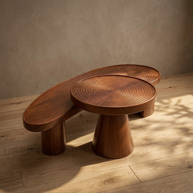 Logone solid wood tiered coffee table with circular carved top mid century Japandi design for drawing room and sitting area