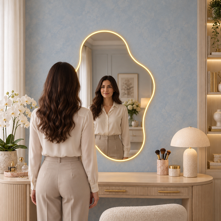 Contour Freeform Frameless LED Wall Mirror Front or Back Lit for Vanity Bedroom and Modern Interiors