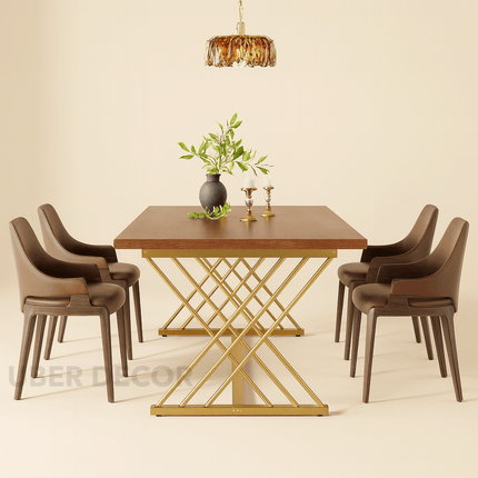 Maple Cross Modern Wooden Dining Table Set with Gold Stainless Steel Crisscross Base for Formal Dining Room