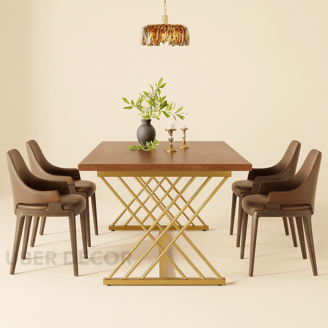 Maple Cross Modern Wooden Dining Table Set with Gold Stainless Steel Crisscross Base for Formal Dining Room