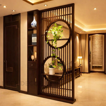 Orvano Solid Wood Multifunctional Partition Divider with Circular Frame Design and Storage Shelves for Living Room & Entry Spaces