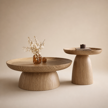 Kotto solid wood round coffee table with tray top pedestal base Japandi Scandinavian design for lounge space and calm interiors