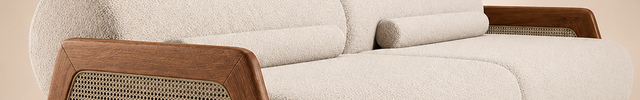 Catania Luxury Japandi Sofa with Cane Accent Armrests Customisable Minimalist Designer Couch for Boutique Interiors