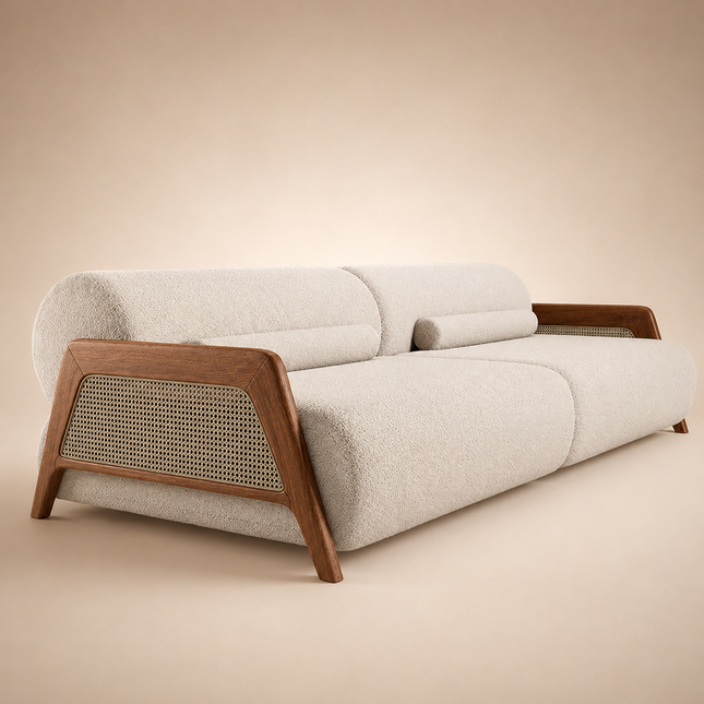 Catania Luxury Japandi Sofa with Cane Accent Armrests Customisable Minimalist Designer Couch for Boutique Interiors