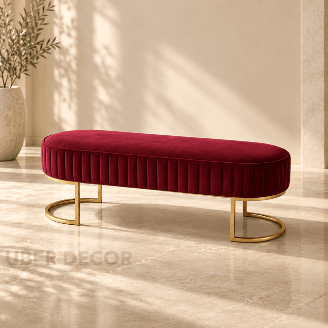 VelvetGleam Bedroom Bench - Upholstered Ottoman with Golden Legs - Extra-Long Footrest for End of Bed & Entryway