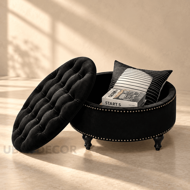 VelvetTuft - Tufted Velvet Plushy Round Ottoman with Optional Storage - Upholstered, Button Tufting, Removable Lid, Wood Legs