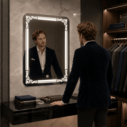 Arabella Ornate LED Mirror – Frameless Wall Hanging Mirror with Front or Back Lit for Vanity & Powder Room
