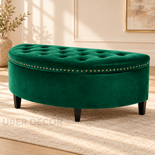 Darian Half Moon Storage Bench with Lift Top Lid – Modern Accent Organizer for Living Rooms, Bedrooms & Dressing Corners