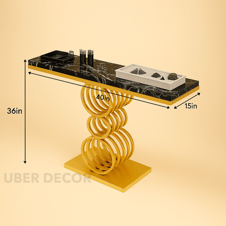 Helios Coil Display Table – Custom Marble Top & Sculptural Gold Ring-Stack Base Mid‑Century Modern Accent - Uber Decor