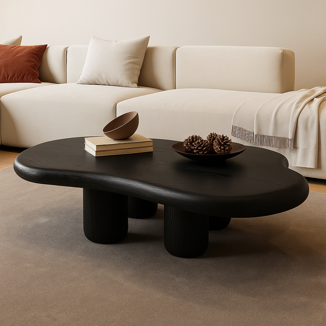 Ebro Drift Modern Cloud Coffee Table – 48.42" Dark Walnut Veneer Top with 4 Solid Wood Legs, Organic Contour – Sculptural Statement for Living Rooms and Tea Corners
