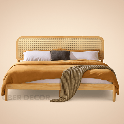 BirchBend Scandinavian Contemporary Rattan Platform Customisable Bed for Minimalist Interiors