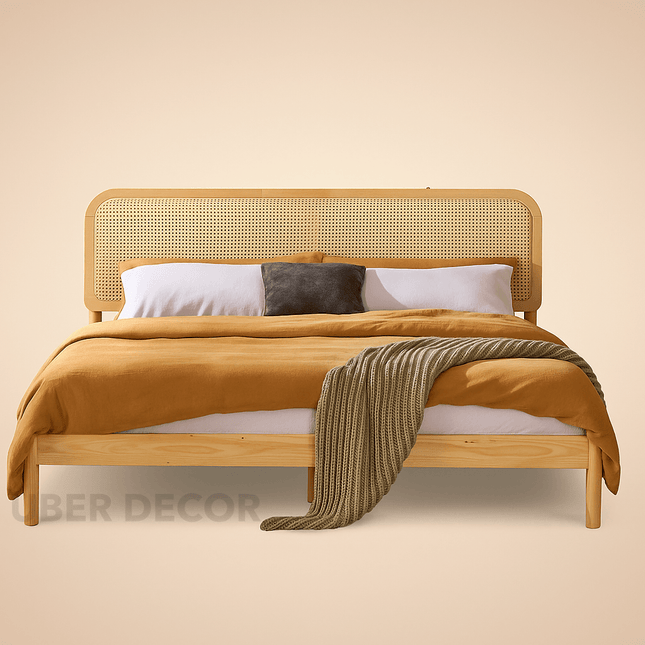 BirchBend Scandinavian Contemporary Rattan Platform Customisable Bed for Minimalist Interiors