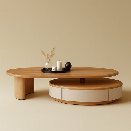 Aldan Dual Layer Functional Mid Century Modern Contemporary Coffee Table Scandinavian Design Solid Wood Top Cylindrical Base Matte Finish Round Center Table for Reception Area