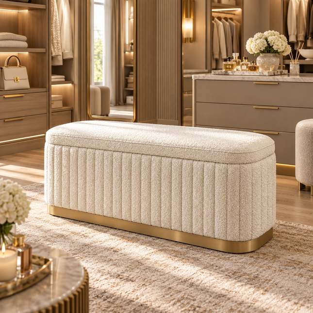 Nerro Storage Bench Ready to Dispatch Off White Boucle-Waffle Knit Upholstered Bench for - product image 2