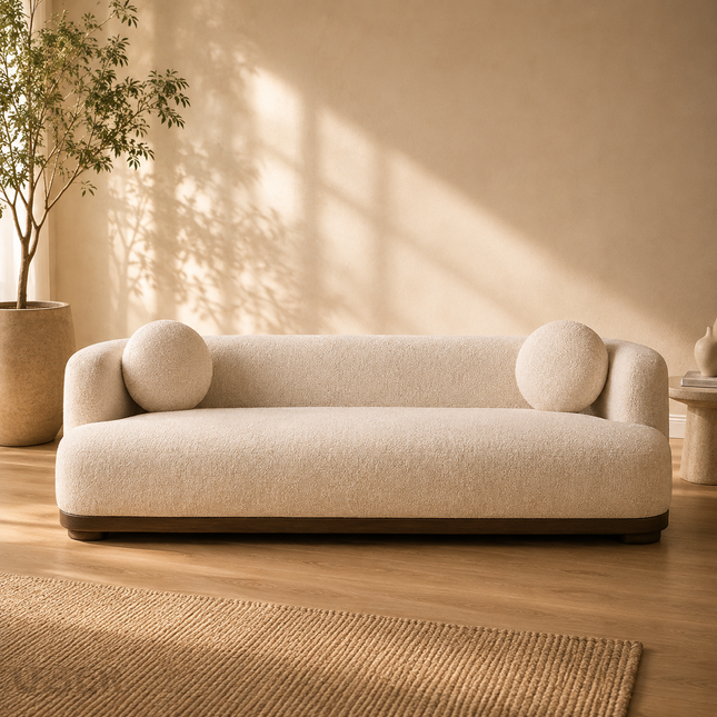 Shiraz 3-Seater Modern Sofa Sculptural Minimalist Couch with Round Accent Cushions