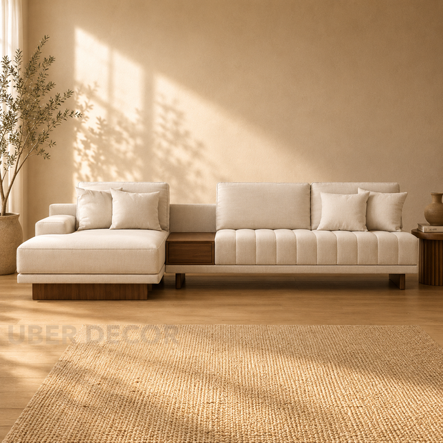 Hanover Luxury Modern Sectional Sofa with Chaise Lounge and Wooden Storage Platform Customisable Designer Sofa for Living Room