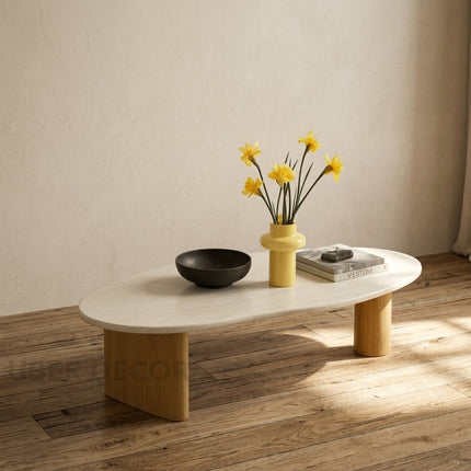 Tangon Wabi-Sabi Mid-Century Japandi Coffee Table – Organic Freeform Wooden Top Block Legs for Living Room
