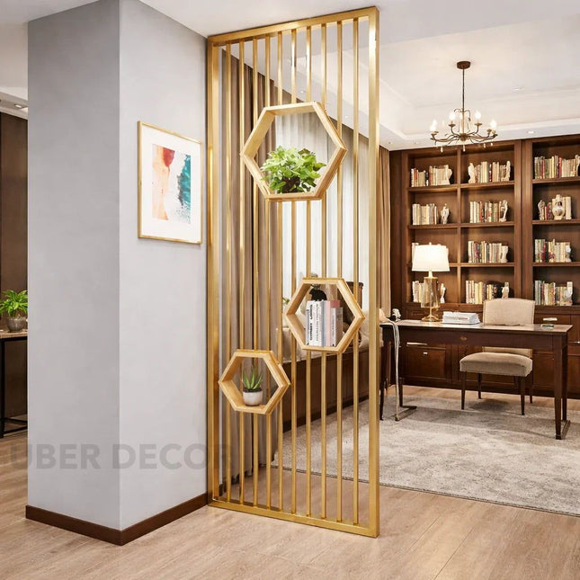 HEXORA Stainless Steel Room Divider For Living Room Bedroom Dining Area Home Office Modern Metal Room Partition With Shelves