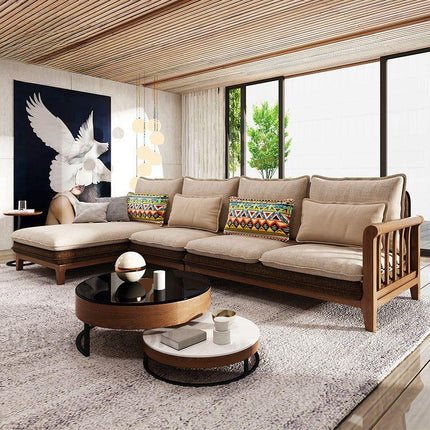 Duncan 4-Seater Japandi Style Wooden Frame L Shaped Sofa with Lounger for Living Room